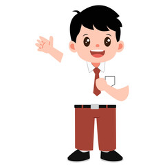 illustration of back to school elementary school student boy with red and white uniform and waving hand pose.