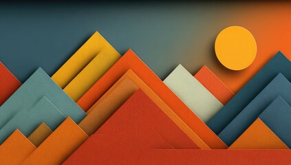 Colorful, layered paper mountains with a large sun