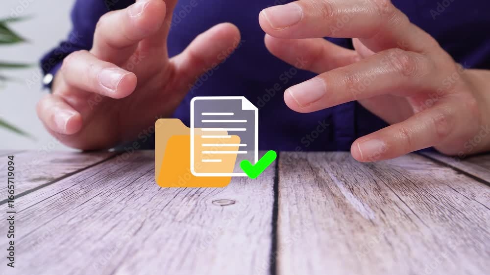 Poster Organization of documents and files. A businesswoman's hands on a desk protecting an animation of a folder with a document and a check mark.