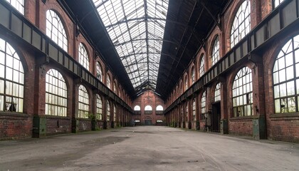 Fototapeta premium A spacious, abandoned industrial hall, featuring towering brick walls, arched windows, and a large, metal-framed skylight.