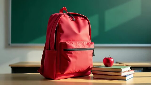 Early morning classroom with sunlight illuminating school essentials. Bright backpack and red apple capture the essence of a typical back-to-school atmosphere.