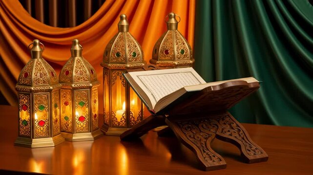 Celebrate eid milad un nabi in india with illuminated lanterns and a sacred book symbolizing peace and blessings