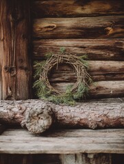 Obraz premium Rustic Wooden Cabin Decor Featuring a Pine Wreath Against a Log Wall in a Natural Setting