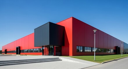 Obraz premium Modern Red Industrial Building with Black Entrance Under Blue Sky.