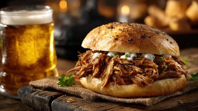 Savor the rich flavors of a pulled pork sandwich nestled in a soft bun, served alongside a frosty mug of beer in a cozy, rustic environment during the evening