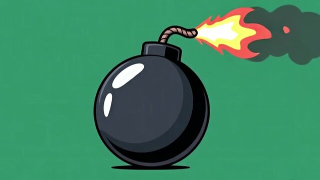 A black cartoon dynamite bomb with a burning fuse symbolizes explosive danger