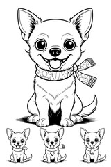 Cute Chihuahua Cartoon Puppy with Scarf – Small Dog Black and White Line Art Coloring Page for Kids
