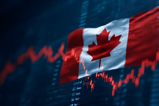A red stock market graph with the Canada flag in front of it, representing global economic trends and tech investors' financial news.