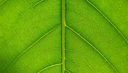Obraz premium Close-up of a vibrant green leaf, showcasing intricate vein patterns and natural textures, a symbol of life and growth