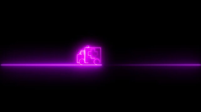 Neon ambulance medical van glowing vehicle icon animation on black background 
