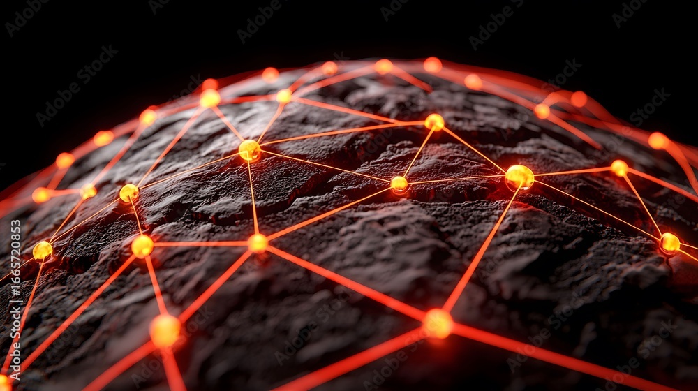 Aufkleber the image showcases a network of glowing orange spheres connected by lines, overlaid on a textured, 