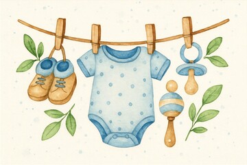Welcome a new baby boy with this sweet scene of a bodysuit, rattle, pacifier and baby shoes