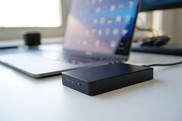 Modern desk setup with laptop tablet and charging device