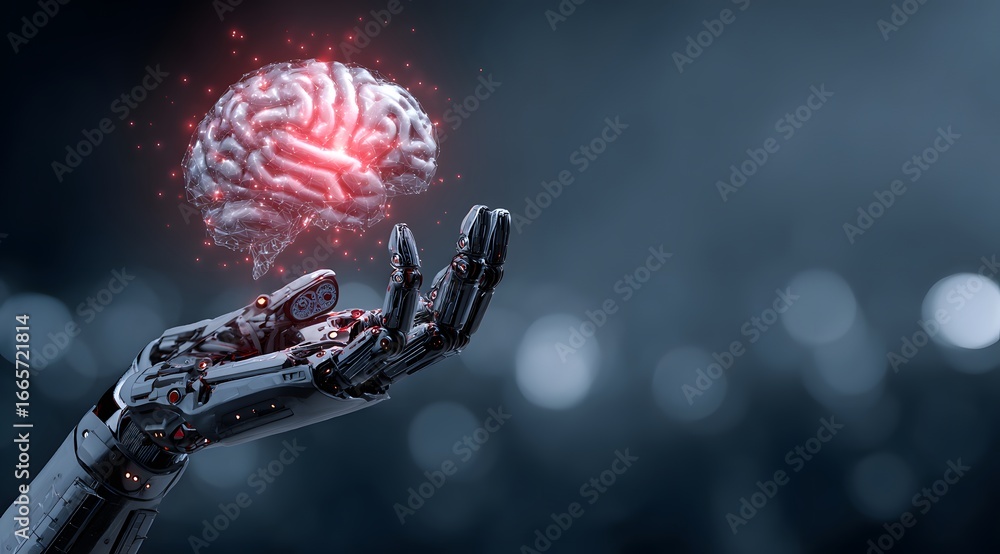 Poster a robotic hand holds out a glowing brain against a digital background, representing the concept of a