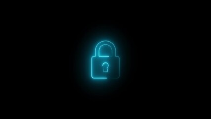 Neon lock icon glowing cyber security on black background - Powered by Adobe