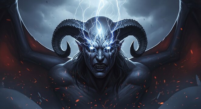 Powerful Demon with Glowing Eyes and Stormy Background.