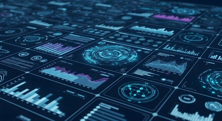Dynamic digital dashboard displaying futuristic data analytics and complex financial charts in a sleek, modern interface