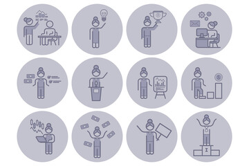 Collection of line icons with women engaged in diverse activities, from teamwork and brainstorming to financial analysis and public speaking, all in minimalist style