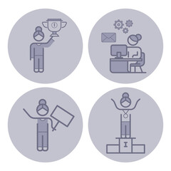 Collection of line icons depicting woman engaging in different activities. She holding trophy, working at computer, raising sign, and standing on podium. Achievement and activism concept
