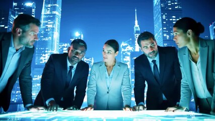 Business professionals collaborating over a digital interface in a futuristic cityscape at night - Powered by Adobe