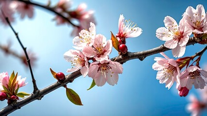 Delicate Paintbrush with Cherry Blossoms on Soft Blue Background - Art and Nature Fusion in Minimalist Photography