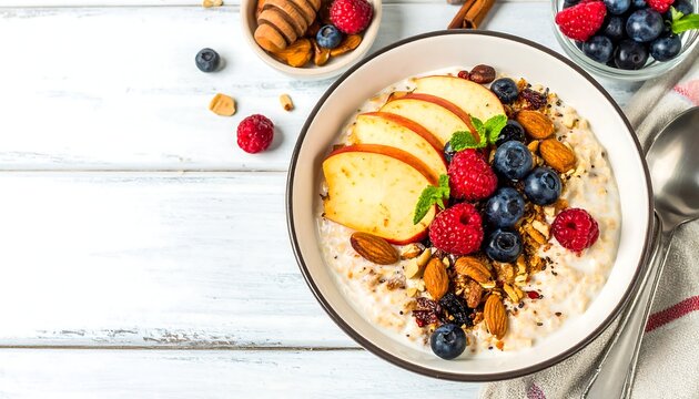 Oatmeal breakfast bowl with apple slices, berries, nuts, and honey - Powered by Adobe