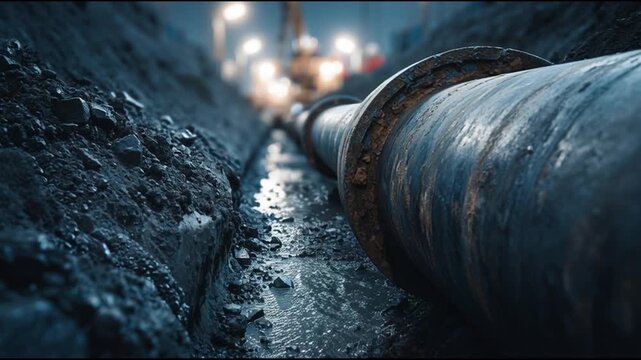 Underground water pipeline installation in trench, infrastructure development for urban water supply system, civil engineering construction create concept, copy space for design --bs 1 1 --aspect