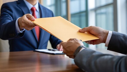 Businessmen exchanging a document in a professional office setting