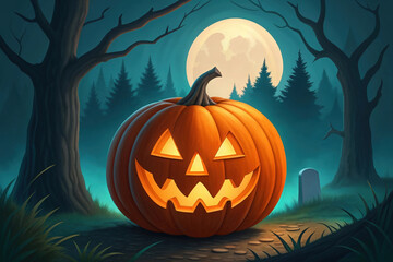 Obraz premium Halloween Pumpkin in Moonlight with Tombstone for Autumn Decor and Seasonal Celebrations and Events