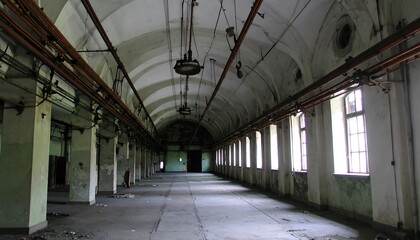 Obraz premium A long, abandoned factory hallway stretches into the distance, highlighting the decaying grandeur of its arched ceiling and rows of dusty windows.