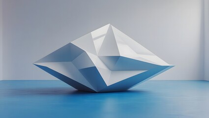 Hyper-Realistic 3D White Geometric Sculpture on Blue Matte Floor – Minimalist Abstract Modern Art Design with Crisp Faceted Geometry.
