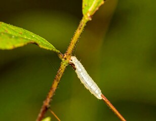 Close-up of a light-colored caterpillar on a stem