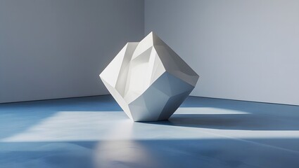 Hyper-Realistic 3D White Geometric Sculpture on Blue Matte Floor – Minimalist Abstract Modern Art Design with Crisp Faceted Geometry.
