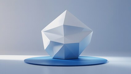 Hyper-Realistic 3D White Geometric Sculpture on Blue Matte Floor – Minimalist Abstract Modern Art Design with Crisp Faceted Geometry.