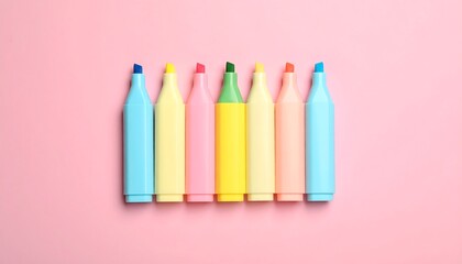Vibrant Highlighters Arranged in a Row on a Pink Background Colorful Stationery Tools