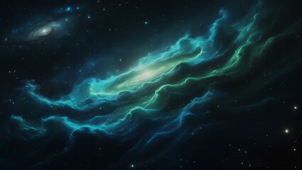 Vast Blue Green Cosmic Nebula with Stars and Galaxies – Hyper-Realistic 8K Space Scene, Majestic Sci-Fi Astronomy Fantasy Artwork.