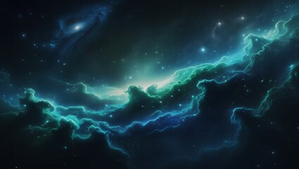 Vast Blue Green Cosmic Nebula with Stars and Galaxies – Hyper-Realistic 8K Space Scene, Majestic Sci-Fi Astronomy Fantasy Artwork.