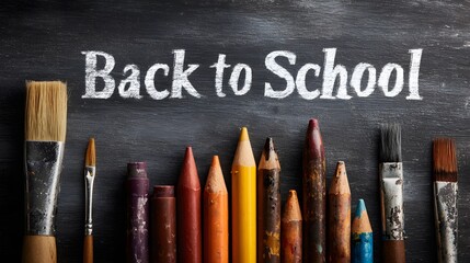 Art brushes and color pencils, and crayons lay flat on a chalkboard texture backdrop,  "Back to School" above