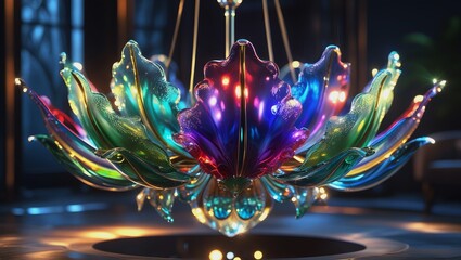 Iridescent Glass Flower Chandelier with Vibrant Blue, Green, Red Petals – Luxurious Lighting, Elegant Interior Design Visualization.