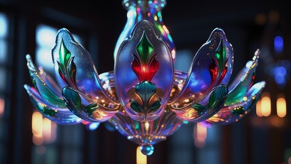 Iridescent Glass Flower Chandelier with Vibrant Blue, Green, Red Petals – Luxurious Lighting, Elegant Interior Design Visualization.