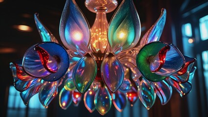 Iridescent Glass Flower Chandelier with Vibrant Blue, Green, Red Petals – Luxurious Lighting, Elegant Interior Design Visualization.
