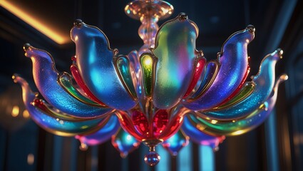 Iridescent Glass Flower Chandelier with Vibrant Blue, Green, Red Petals – Luxurious Lighting, Elegant Interior Design Visualization.