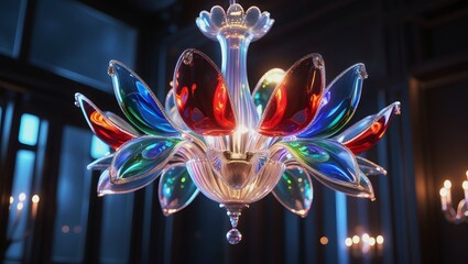 Iridescent Glass Flower Chandelier with Vibrant Blue, Green, Red Petals – Luxurious Lighting, Elegant Interior Design Visualization.