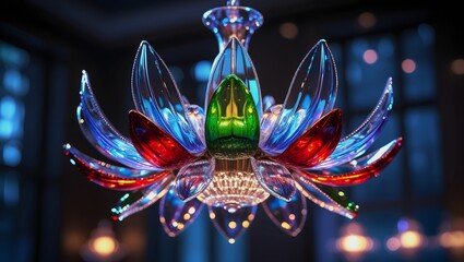 Iridescent Glass Flower Chandelier with Vibrant Blue, Green, Red Petals – Luxurious Lighting, Elegant Interior Design Visualization.