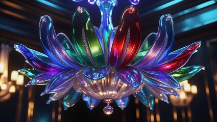 Iridescent Glass Flower Chandelier with Vibrant Blue, Green, Red Petals – Luxurious Lighting, Elegant Interior Design Visualization.