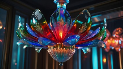 Iridescent Glass Flower Chandelier with Vibrant Blue, Green, Red Petals – Luxurious Lighting, Elegant Interior Design Visualization.