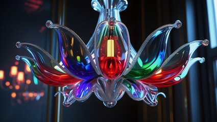 Iridescent Glass Flower Chandelier with Vibrant Blue, Green, Red Petals – Luxurious Lighting, Elegant Interior Design Visualization.