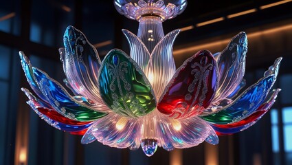 Iridescent Glass Flower Chandelier with Vibrant Blue, Green, Red Petals – Luxurious Lighting, Elegant Interior Design Visualization.