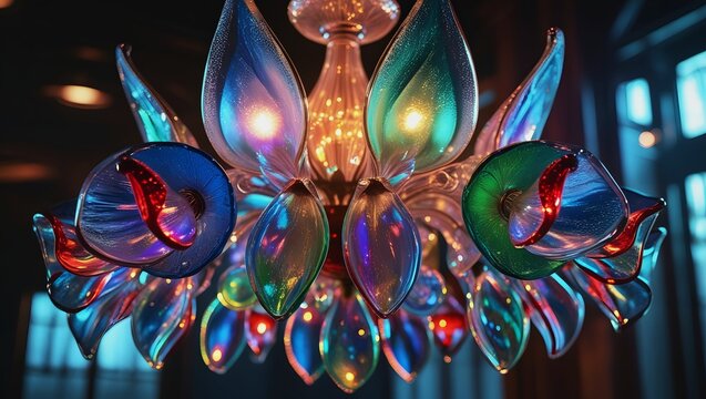 Iridescent Glass Flower Chandelier with Vibrant Blue, Green, Red Petals – Luxurious Lighting, Elegant Interior Design Visualization.