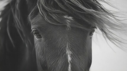 Fototapeta premium Close-up grayscale portrait of a horse's head, showcasing the detail and movement of its flowing mane, and emphasizing the depth of its eye.